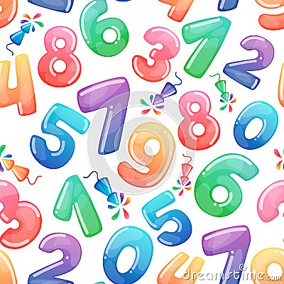 Seamless pattern with cartoon numbers and fireworks. Rainbow candy and glossy funny cartoon symbols. Different Vector Illustration