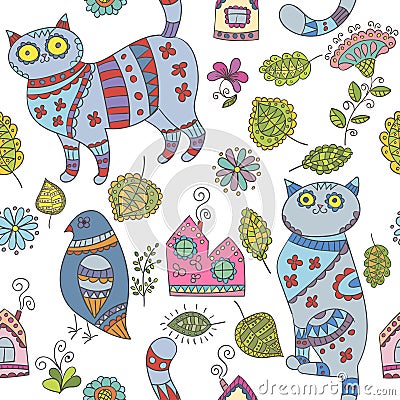 Seamless vector pattern with cats, birds, leaves and flowers Vector Illustration