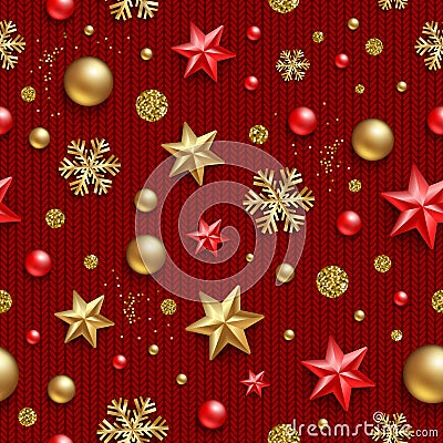 Seamless pattern. Christmas background with stars, beads, golden snowflakes, and glitter gold on a knitted red background Vector Illustration