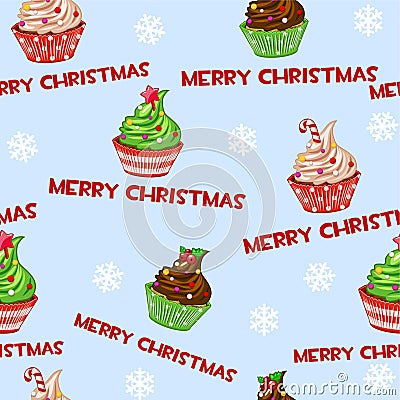 Seamless vector pattern with christmas cupcakes, muffins, sweet cake on blue tile background. Vector Illustration
