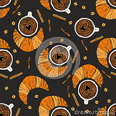 Seamless vector pattern with coffee beans, cinnamon, cup of coffee and croissant. Vector Illustration