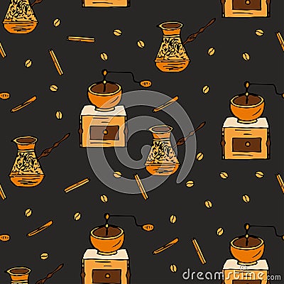 Seamless vector pattern with coffee beans, cinnamon, turka and coffee mill. Vector Illustration