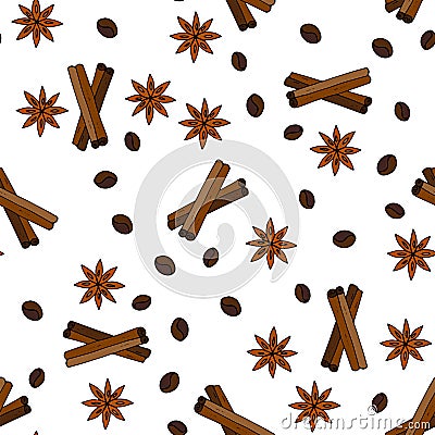 Seamless vector pattern with coffee grains, cinnamon sticks and stars anise. Vector Illustration