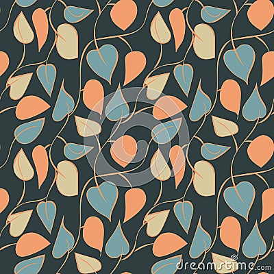 Seamless vector pattern with colored leaves on dark background Vector Illustration