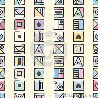 Seamless vector pattern, colorful background with different hand drawn symbols, decorative doodle squares. Symmetrical cute orname Vector Illustration