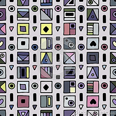 Seamless vector pattern, colorful background with different hand drawn symbols, decorative doodle squares. Symmetrical cute orname Vector Illustration