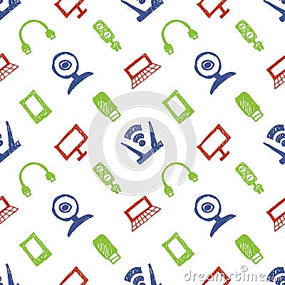 Seamless vector pattern, colorful background with monitor, notebook, router, usb and microphone. Hand sketch drawing. Vector Illustration