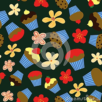 Seamless vector pattern with colorful cupcakes and flowers on dark background Vector Illustration