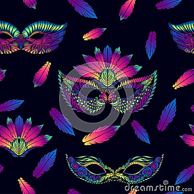 Seamless vector pattern with colorful feathers and masks Vector Illustration