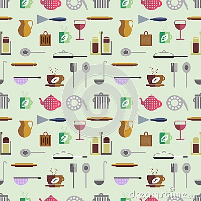 Seamless vector pattern with colorful kitchenware on the grey background Vector Illustration