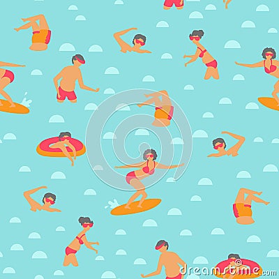 Seamless vector pattern with colorful swimming people in scandinavian style. Vector Illustration