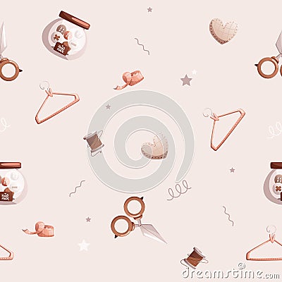 Seamless vector pattern consisting of sewing attributes such as buttons, meter tape, scissors, hanger. Vector Illustration