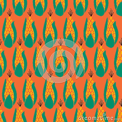 Seamless vector pattern corn. Maize repeating on an orange background. Autumn, fall, harvesting design. Use for Vector Illustration