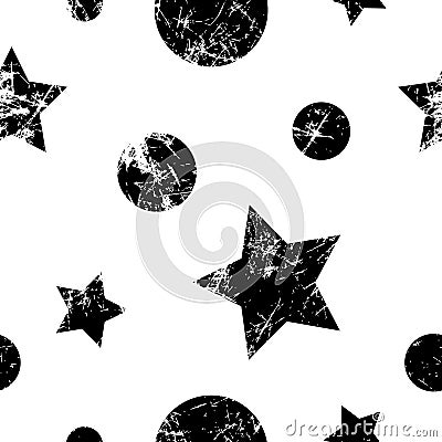 Seamless vector pattern. Creative geometric black and white background with stars and circles. Vector Illustration