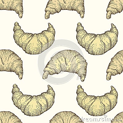 Seamless vector pattern with croissant. Fresh baking food. Croissant vintage background. Hand drawn pastry illustration. Vector Illustration