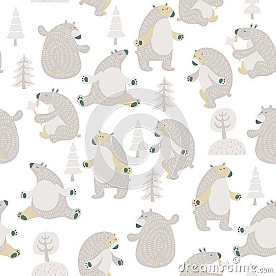 Seamless vector pattern with cute bears in scandinavian minimalist modern style. Vector Illustration