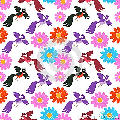 Seamless vector pattern with cute cartoon birds and flowers Vector Illustration