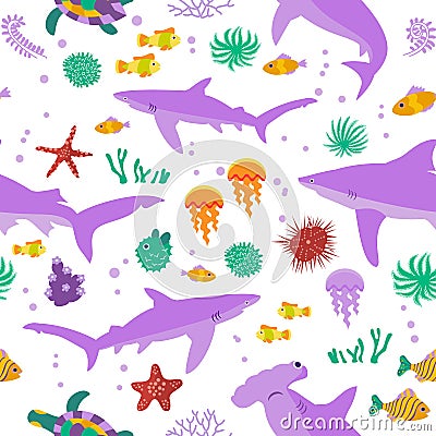 Seamless vector pattern with cute cartoon sharks and fishes Vector Illustration