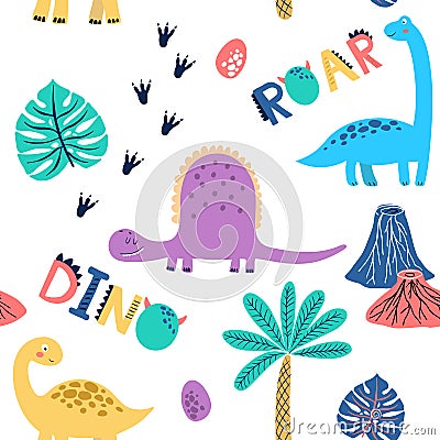 Seamless vector pattern with cute dinosaurs for typography poster, card, label, brochure, flyer, page, banner design. Vector illus Cartoon Illustration