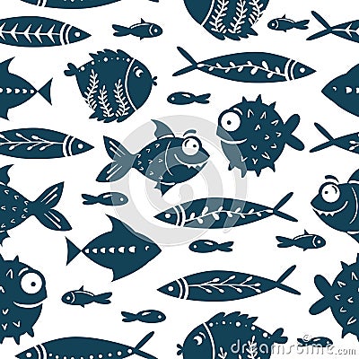 Seamless vector pattern with cute fishes. Funny fish with big eyes. For pattern fills, wallpaper, print for clothes, For Vector Illustration