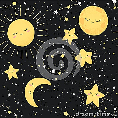 Seamless vector pattern with cute hand drawn cartoon moon, sun and stars isolated on black background. Design for print, fabric, Vector Illustration