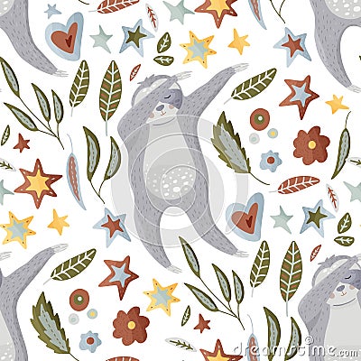 Seamless pattern with sloths in flat style. Vector Illustration