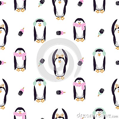 Seamless vector pattern with cute kid penguins. Vector Illustration