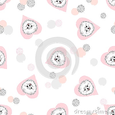 Seamless vector pattern with cute pomeranian puppies and hearts. Vector Illustration