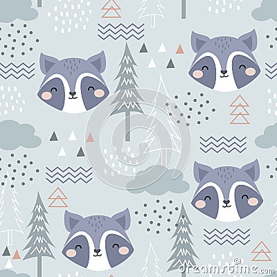 Seamless Vector Pattern with Cute Raccoon, forest elements and hand drawn shapes Vector Illustration