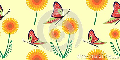 Seamless vector pattern with dandelions, butterflies. Graphic drawn illustration. Floral decorative Background with cute insect. T Vector Illustration