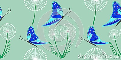 Seamless vector pattern with dandelions, butterflies. Graphic drawn illustration. Floral decorative Background with cute insect. T Vector Illustration