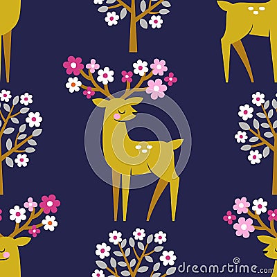 Cute deers and blooming spring trees. Stock Photo