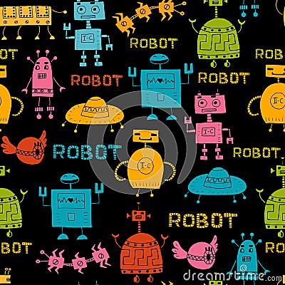 Seamless vector pattern with different retro robots Stock Photo