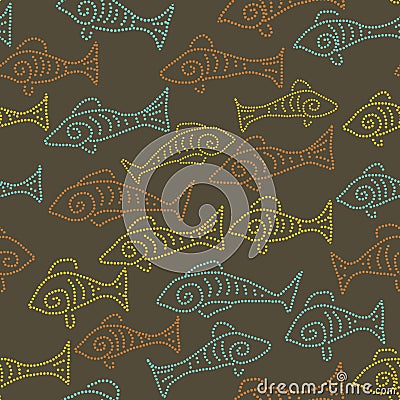 Seamless vector pattern with dotted fish on a dark brown background Vector Illustration