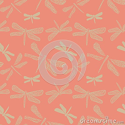 Seamless vector pattern with dragonflies on pink background Vector Illustration