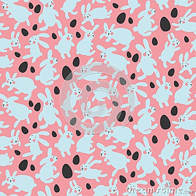 Seamless vector pattern with eggs and rabbits on pink background. Hares jump all around and collect Easter eggs. Kawaii pattern Stock Photo