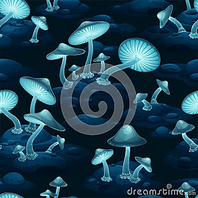 Seamless vector pattern of fantastic glowing blue glow of mushrooms Vector Illustration