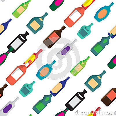 Seamless vector pattern with flat bottles of alcoholic beverages Vector Illustration