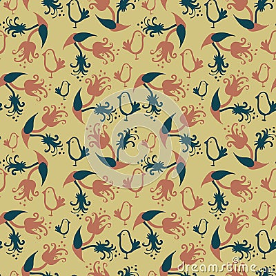 Seamless vector pattern with floral motifs and birds Vector Illustration