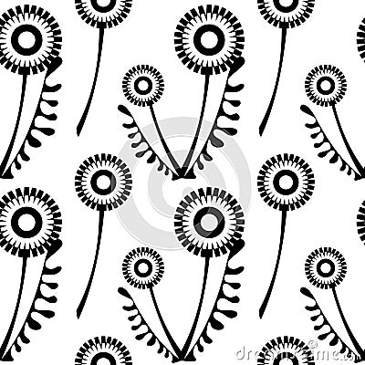 Seamless vector pattern with flowers. Background with black dandelions and leaves on the white backdrop Vector Illustration