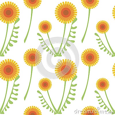 Seamless vector pattern with flowers. Background with orange dandelions and leaves on the white backdrop Vector Illustration