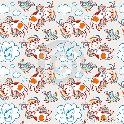 Seamless vector pattern of flying funny cow and chicken in the sky with clouds Vector Illustration