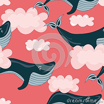 Seamless vector pattern with flying, swimming whales, fishes in pink clouds. Dream big. Dream on. Dream, fantasy concept. Vector Illustration