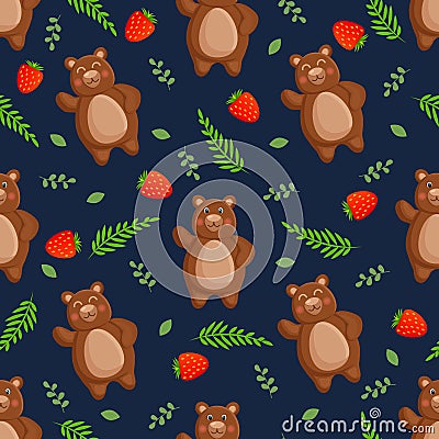 Seamless vector pattern with forest brown bear, strawberry leaves and berries. Vector illustration for fabric, texture Vector Illustration