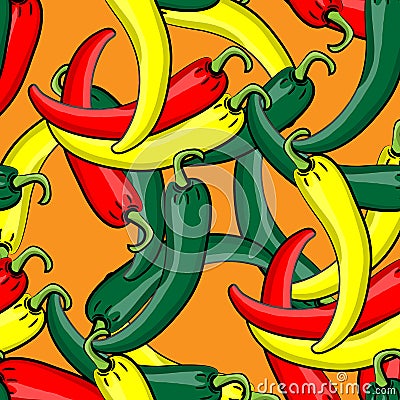 Seamless vector pattern with fresh ripe chili peppers. Vector Illustration