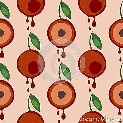 Seamless vector pattern with fruits. Symmetrical background with cherries and leaves on the pink backdrop. Vector Illustration