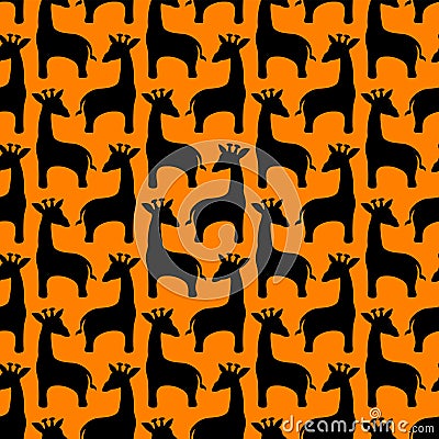 Seamless pattern of giraffe. Black silhouettes on orange background Vector Illustration