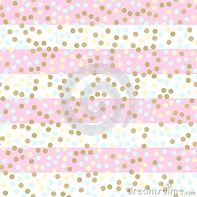 Seamless vector pattern with glittering dots on pink stripes. Bright holidays stripes background. Golden glitter pattern. Metalli Vector Illustration