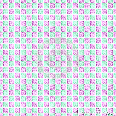 Seamless vector pattern. Green and pink geometrical background with hand drawn squares. Vector Illustration