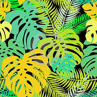 Seamless vector pattern of greenery leaves monstera and palm. Exotic tropical repeat ornament Vector Illustration